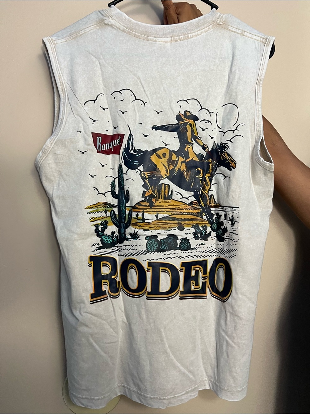 UNISEX, men’s and women’s White Rodeo Graphic Sleeveless Top